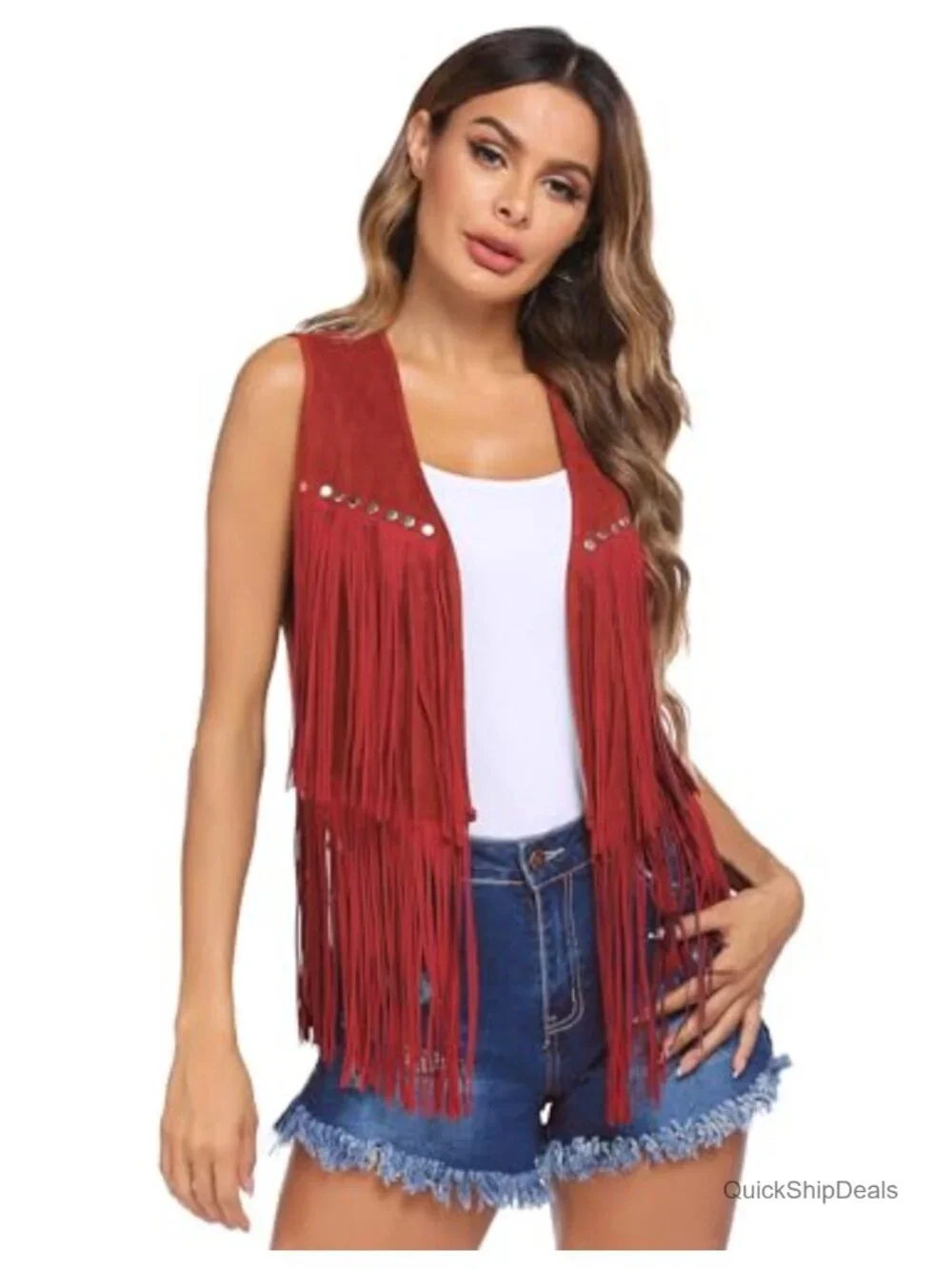 Womens Fringe Vest Sleeveless Faux Suede Tassel Cowgirl Western Outfit